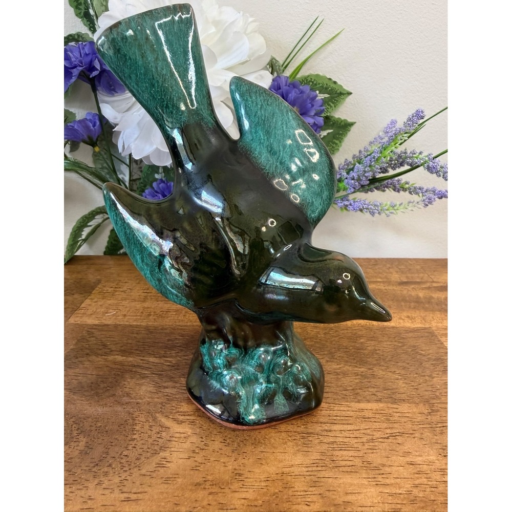 Vintage Evangeline Pottery Bird Figurine Canadian Art Green Drip‎ Glaze